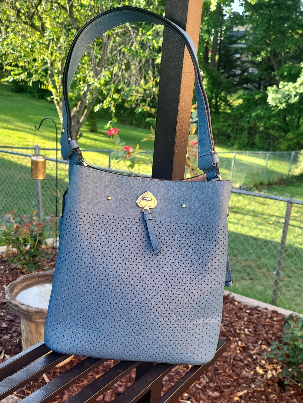kate spade Blue Perforated leather shoulder bag with gold-tone accent